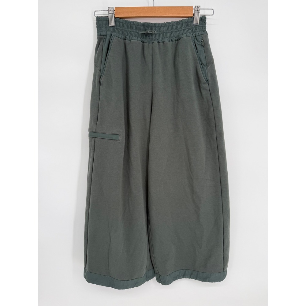 Athleta Womens Sz XS Green Fleece Wide Leg Crop Pants Elastic Waist Zip Pockets